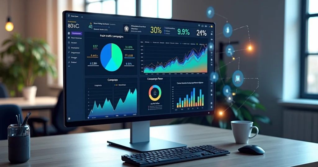 Como usar dados de CRM para campanhas de tráfego pago em 2025 1 Tela de computador com dashboard de dados de CRM e gráficos de campanhas de tráfego pago