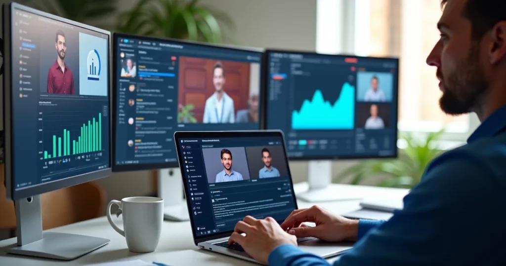 Marketing para eventos online: guia prático para resultados reais 1 Pessoa participando de evento online com múltiplas telas, gráficos e ferramentas de marketing digital na tela do computador